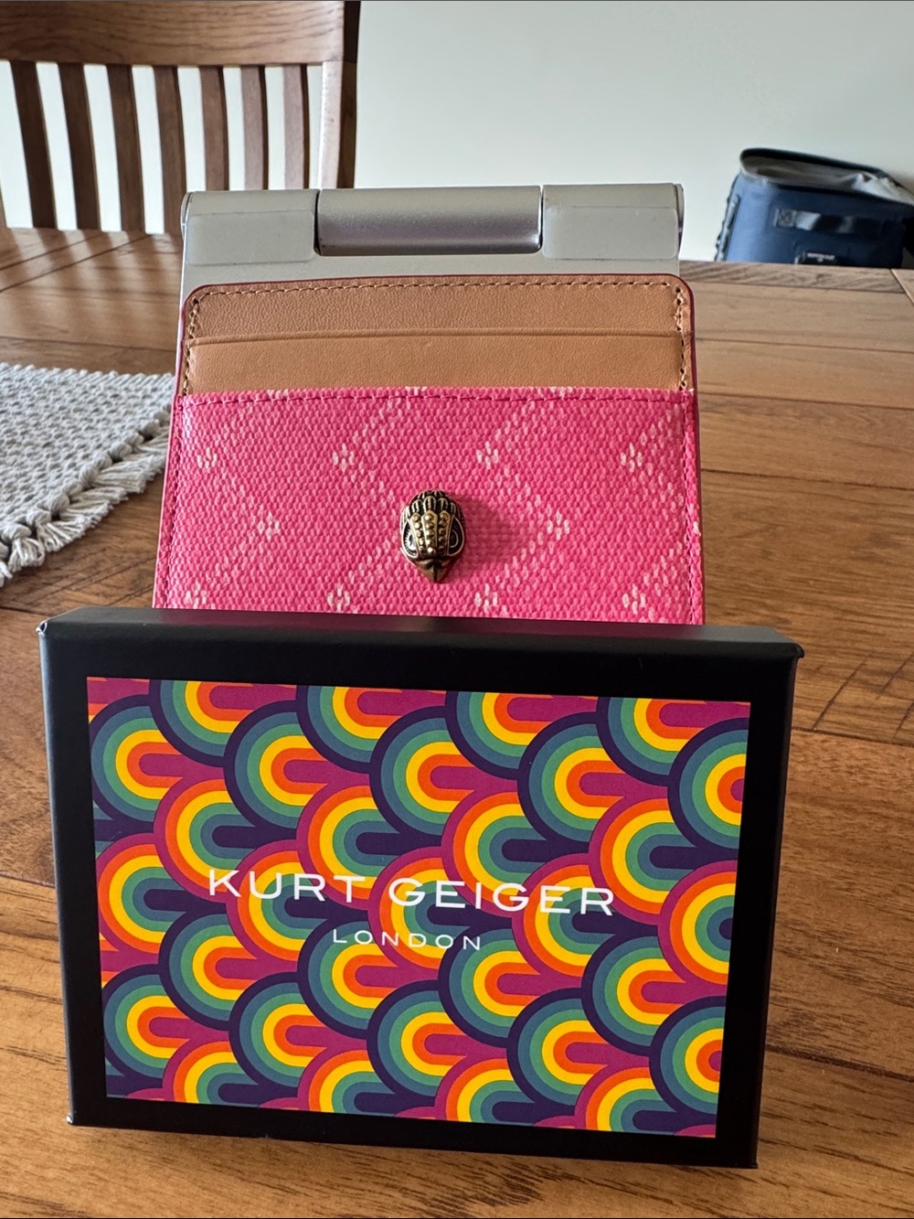 Kurt Geiger Pink and Tan Card Wallet with Gold Button